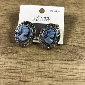 Vintage Blue and Silver Cameo Earrings